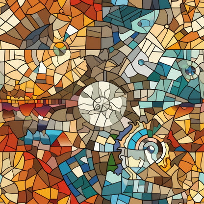 mosaic art, stained glass, geometric pattern, spiral design, nautilus shells, ammonite fossils, orange, teal, turquoise, brown, cream, amber, blue-green, quilting cotton, fabric panel, abstract swirls, curved lines, earthy tones, ocean colors, natural history, fossil pattern
