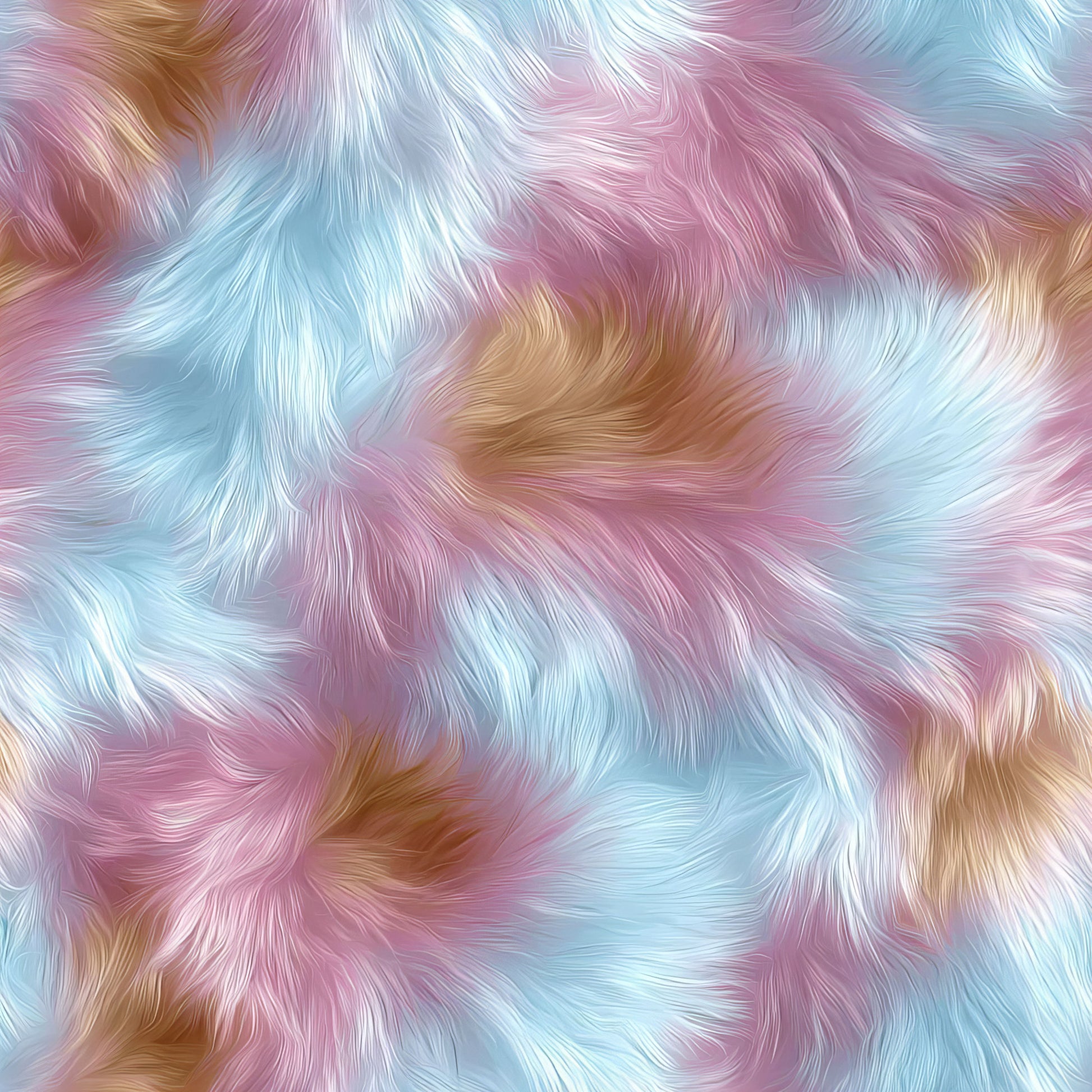 pastel colors, cotton fabric, quilting panel, fluffy texture, fur pattern, swirled design, pink tones, blue hues, golden brown, soft texture, whimsical style, fabric panel, dreamy aesthetic, multicolored fur, flowing lines, abstract swirls, crafting material, sewing fabric, rainbow pastels