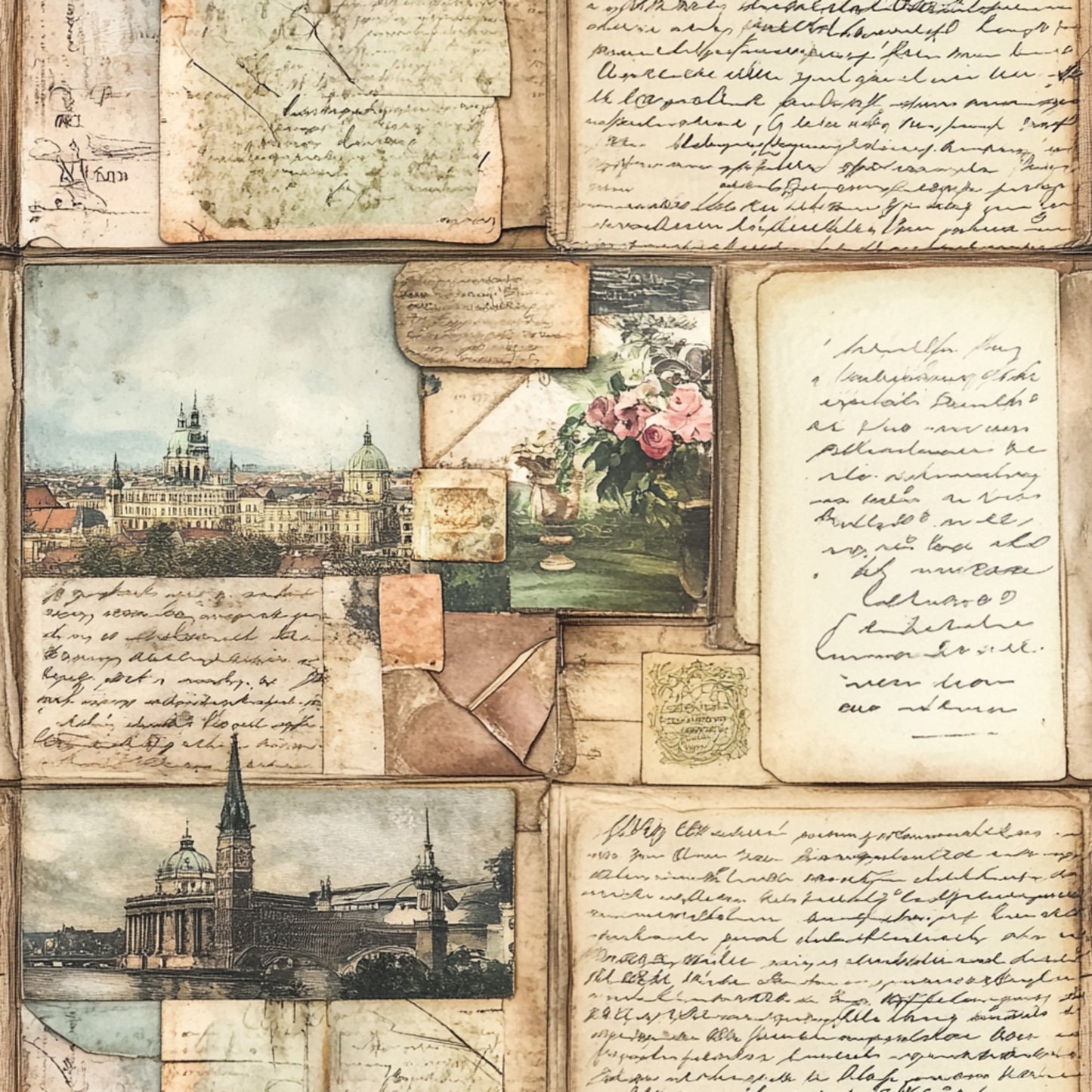 vintage postcards, aged paper, sepia tones, cream background, handwritten script, european architecture, cathedral spires, pink roses, floral bouquet, travel maps, antique letters, worn edges, nostalgic imagery, quilting cotton, fabric panel, muted colors, historical buildings, correspondence theme, old world charm, weathered textures