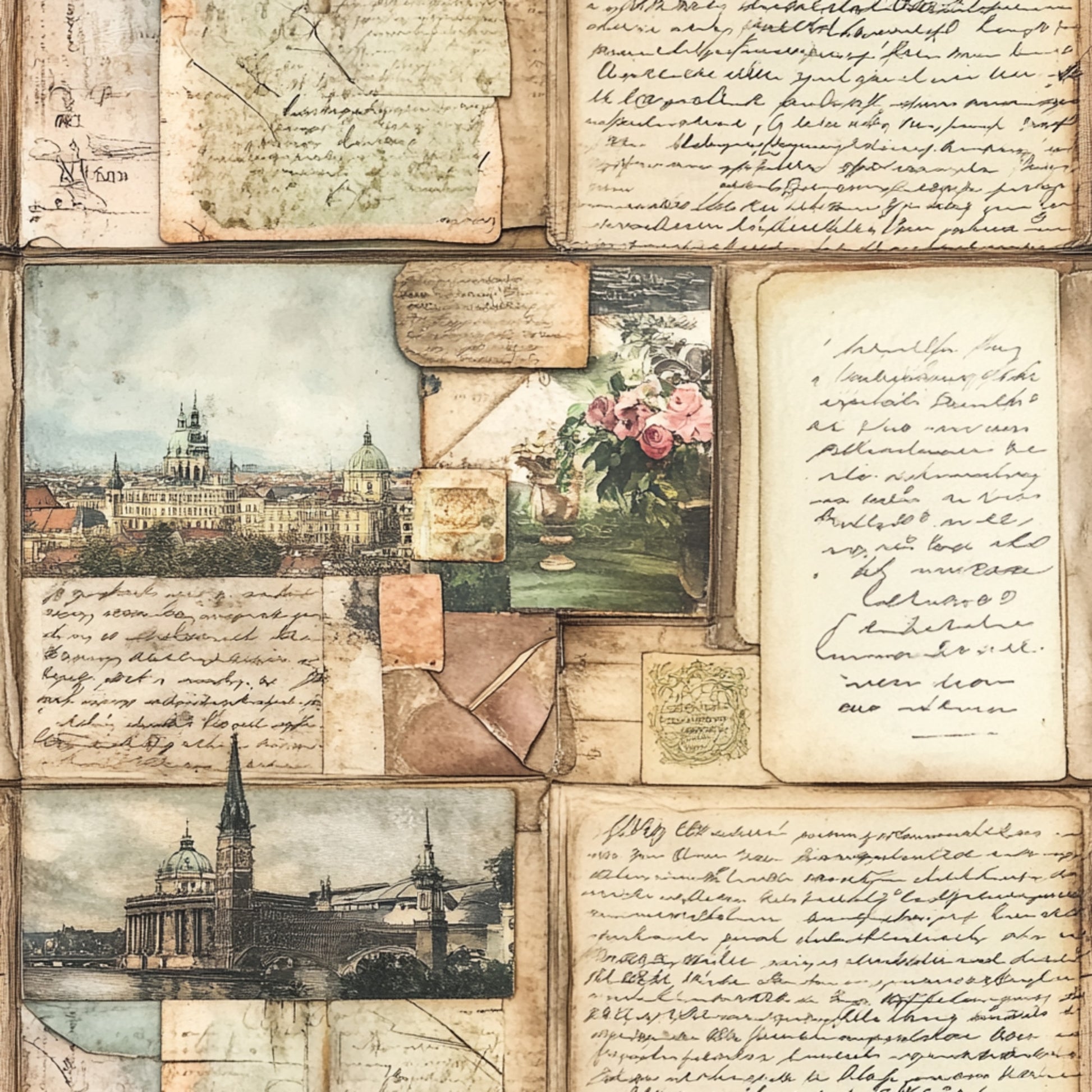vintage postcards, aged paper, sepia tones, cream background, handwritten script, european architecture, cathedral spires, pink roses, floral bouquet, travel maps, antique letters, worn edges, nostalgic imagery, quilting cotton, fabric panel, muted colors, historical buildings, correspondence theme, old world charm, weathered textures
