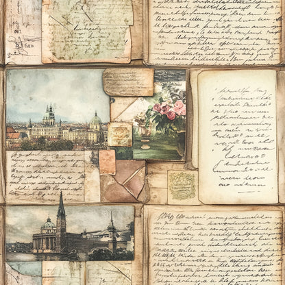 vintage postcards, aged paper, sepia tones, cream background, handwritten script, european architecture, cathedral spires, pink roses, floral bouquet, travel maps, antique letters, worn edges, nostalgic imagery, quilting cotton, fabric panel, muted colors, historical buildings, correspondence theme, old world charm, weathered textures