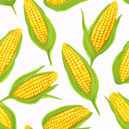 bright yellow, golden corn, green husks, corn cobs, vegetable pattern, seamless design, harvest theme, farm fresh, summer produce, quilting cotton, fabric panel, botanical illustration, food motif, kitchen theme, agricultural design, vibrant colors, repeating pattern, sweet corn, garden vegetables