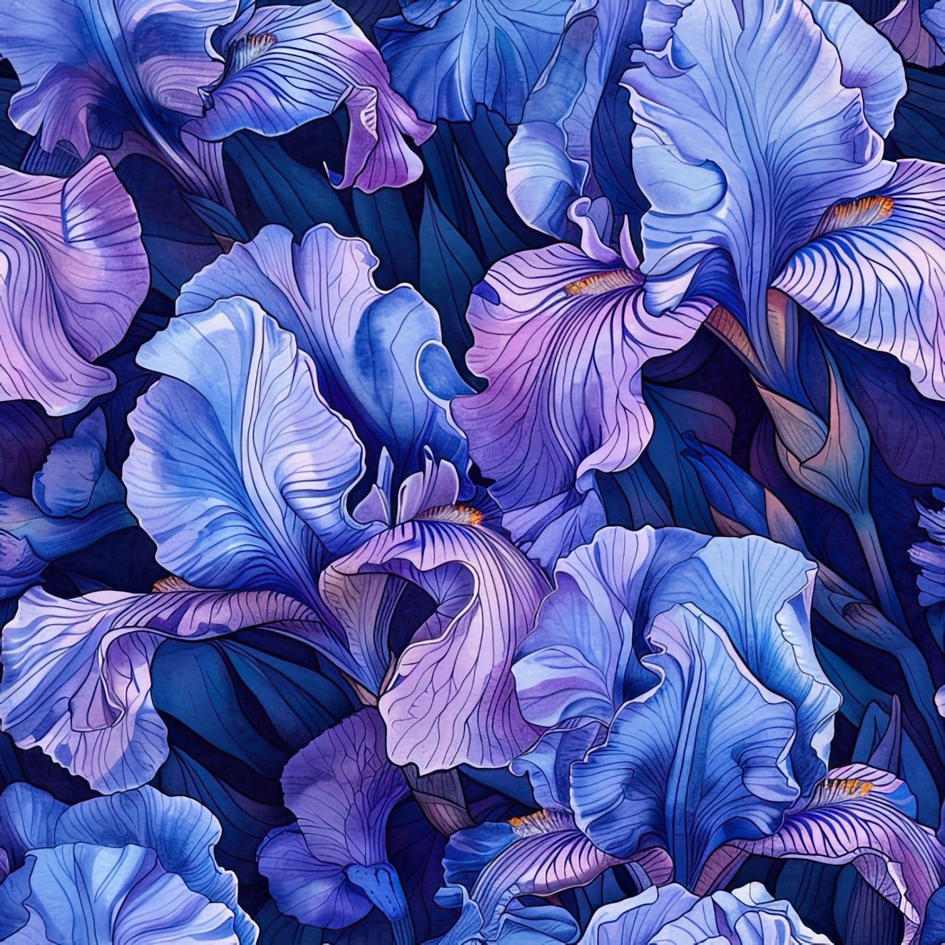 purple, blue, lavender, periwinkle, navy, iris flowers, floral pattern, botanical design, layered petals, ruffled edges, seamless repeat, watercolor style, artistic rendering, spring blooms, garden flowers, quilting cotton, fabric panel, nature motif, elegant florals, soft pastels