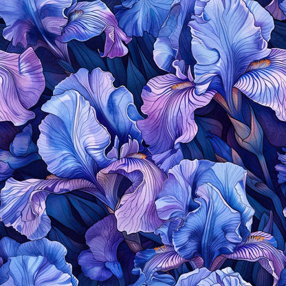 purple, blue, lavender, periwinkle, navy, iris flowers, floral pattern, botanical design, layered petals, ruffled edges, seamless repeat, watercolor style, artistic rendering, spring blooms, garden flowers, quilting cotton, fabric panel, nature motif, elegant florals, soft pastels