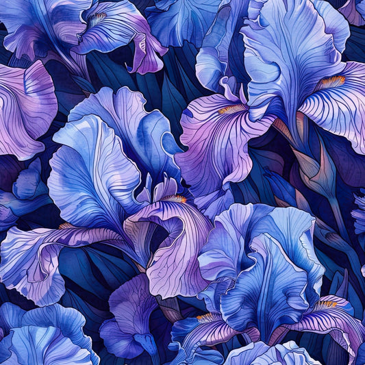 purple, blue, lavender, periwinkle, navy, iris flowers, floral pattern, botanical design, layered petals, ruffled edges, seamless repeat, watercolor style, artistic rendering, spring blooms, garden flowers, quilting cotton, fabric panel, nature motif, elegant florals, soft pastels