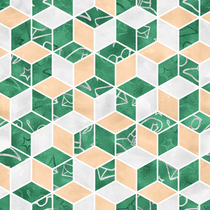 emerald green, peach orange, light gray, geometric cubes, isometric pattern, 3d blocks, hexagonal shapes, wizard symbols, magic icons, stars, envelopes, mystical elements, school theme, quilting cotton, fabric panel, geometric design, repeating pattern, contemporary style, magical motifs, craft fabric