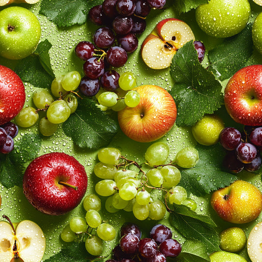 fresh fruits, quilting cotton, fabric panel, green grapes, red apples, purple grapes, lime green, deep red, golden yellow, realistic photography, water droplets, wet surface, green leaves, mixed fruits, vibrant colors, nature pattern, food motif, botanical design, fresh produce, dewy texture