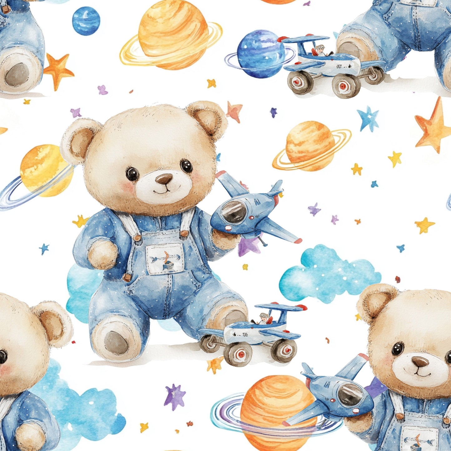 blue, teddy bear, astronaut bear, space theme, planets, stars, rockets, spaceships, watercolor style, baby boy, nursery fabric, quilting cotton, fabric panel, cute animals, celestial, orange planets, saturn rings, whimsical, children's fabric, soft pastels