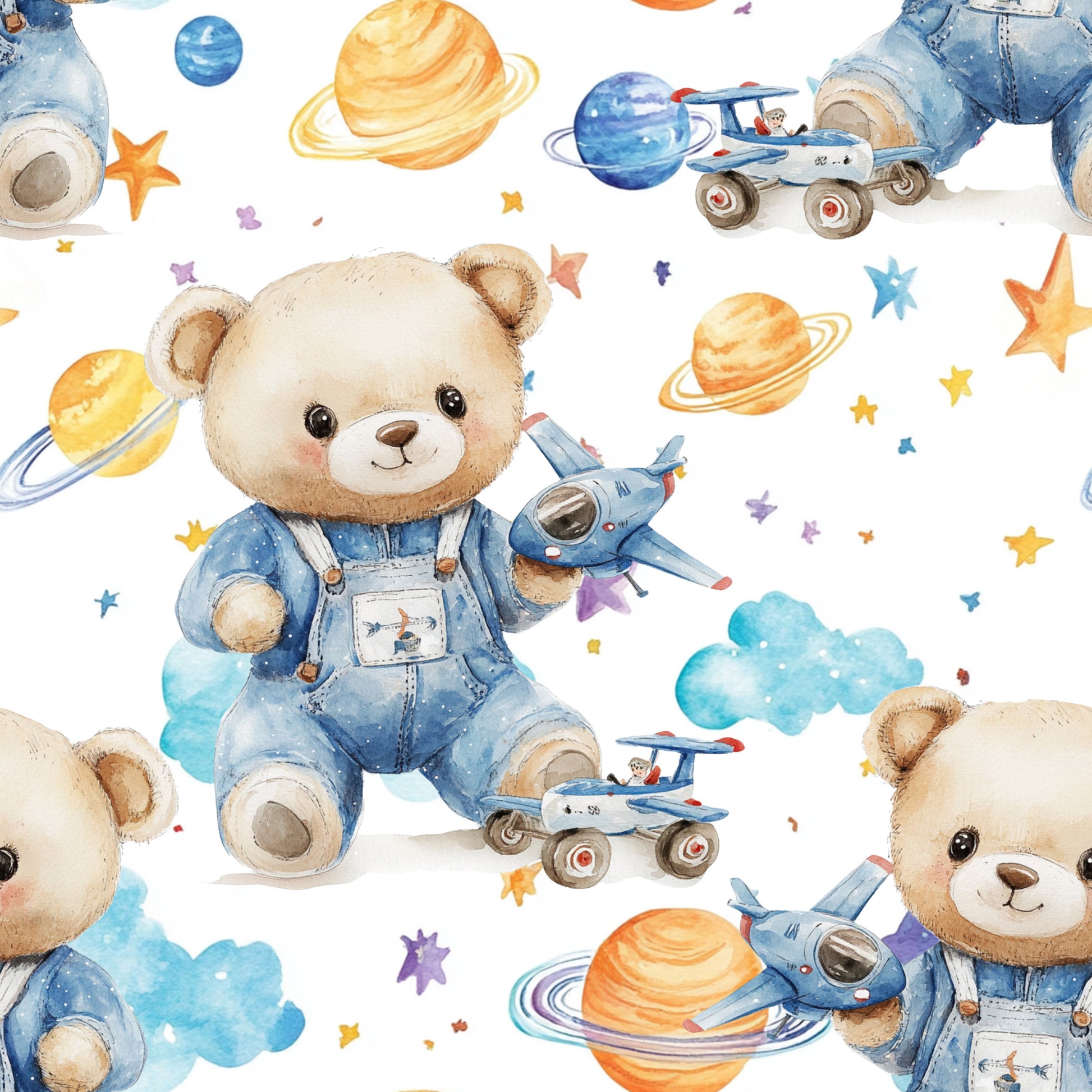 blue, teddy bear, astronaut bear, space theme, planets, stars, rockets, spaceships, watercolor style, baby boy, nursery fabric, quilting cotton, fabric panel, cute animals, celestial, orange planets, saturn rings, whimsical, children's fabric, soft pastels