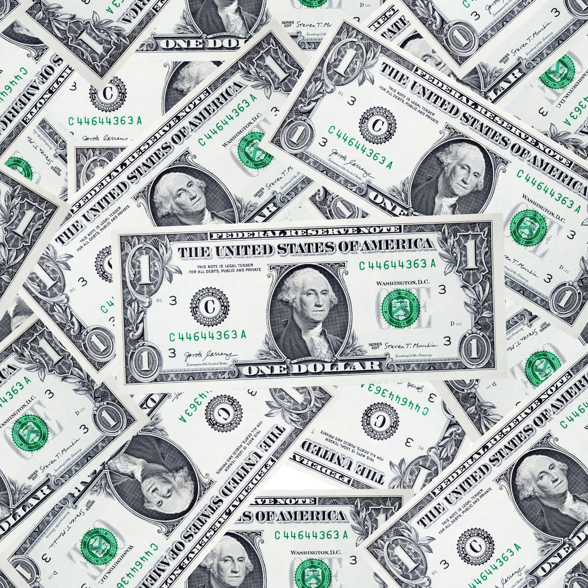 green, black, white, gray, dollar bills, currency pattern, george washington, money design, scattered bills, realistic print, novelty fabric, quilting cotton, fabric panel, patriotic theme, american president, detailed engraving, overlapping pattern, financial motif, conversation print, geometric arrangement