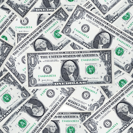 green, black, white, gray, dollar bills, currency pattern, george washington, money design, scattered bills, realistic print, novelty fabric, quilting cotton, fabric panel, patriotic theme, american president, detailed engraving, overlapping pattern, financial motif, conversation print, geometric arrangement