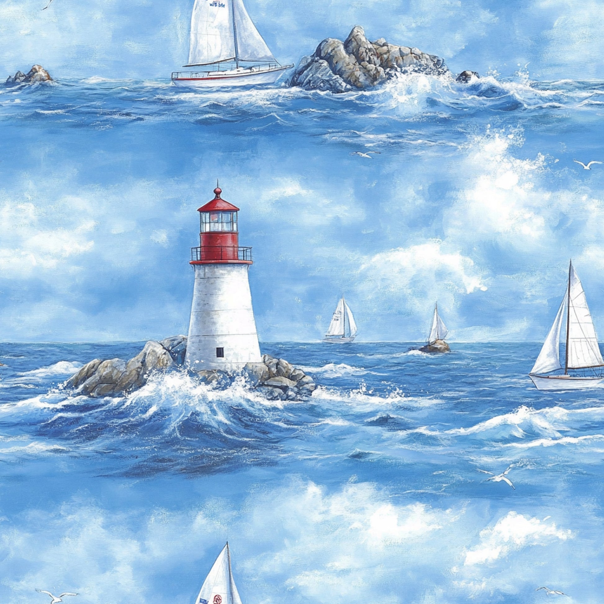 - Lighthouse  
- Sailboats  
- Ocean  
- Waves  
- Blue  
- White  
- Red  
- Seagulls  
- Rocky shore  
- Nautical  
- Sailing  
- Marine  
- Cotton fabric  
- Quilting  
- Lighthouse and Sailboats Pattern 15 Quilting Cotton Fabric