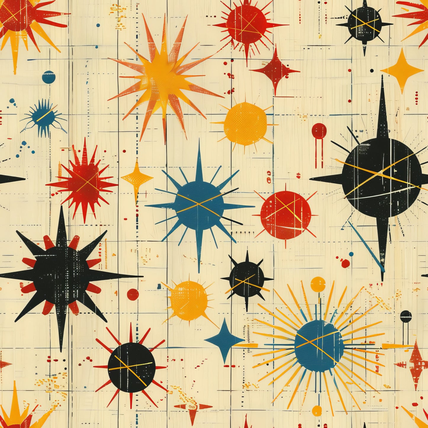 retro starburst, mid-century modern, atomic age, orange, red, blue, black, yellow, geometric pattern, radiating spikes, celestial design, vintage style, quilting cotton, fabric panel, sunburst motif, space age, abstract shapes, grid background, modernist design, bright colors