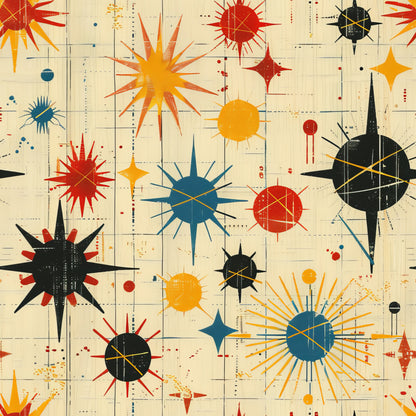 retro starburst, mid-century modern, atomic age, orange, red, blue, black, yellow, geometric pattern, radiating spikes, celestial design, vintage style, quilting cotton, fabric panel, sunburst motif, space age, abstract shapes, grid background, modernist design, bright colors