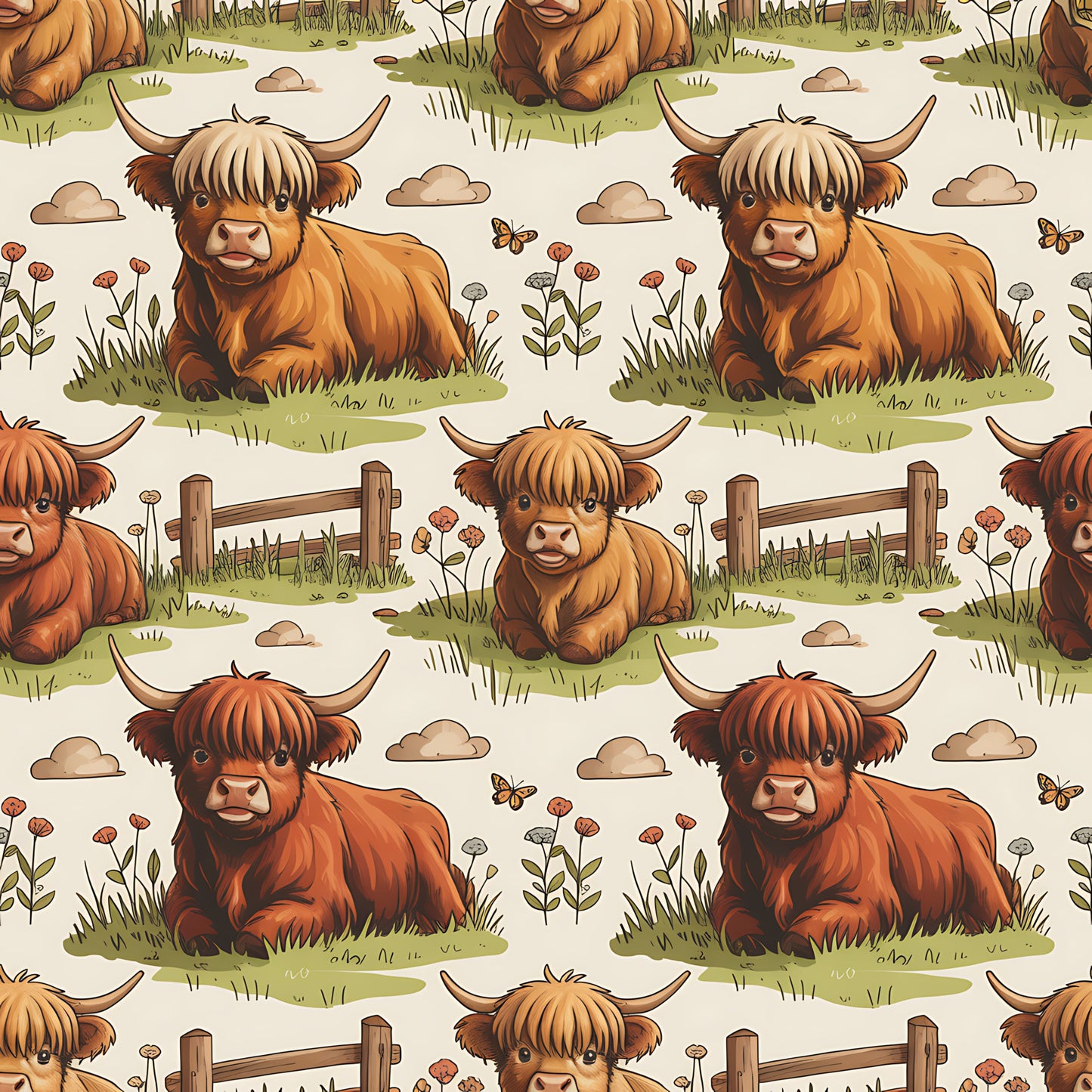 Cartoon Highland Cows Pattern 2 Quilting Cotton Fabric
