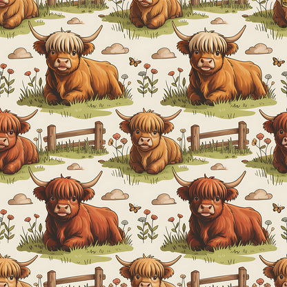Cartoon Highland Cows Pattern 2 Quilting Cotton Fabric