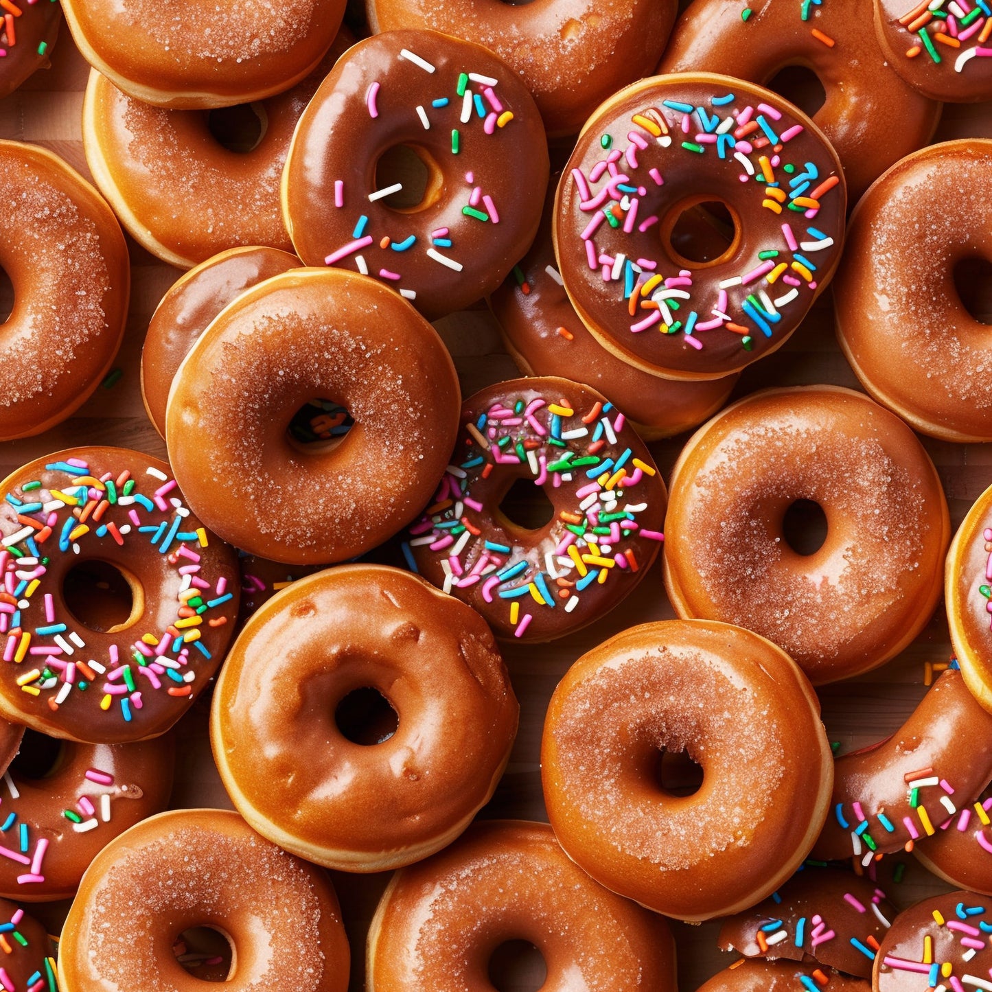 donuts, chocolate glaze, colorful sprinkles, junk food, sweet treats, brown tones, pink sprinkles, blue sprinkles, yellow sprinkles, green sprinkles, white sprinkles, food pattern, dessert theme, glazed donuts, rainbow sprinkles, quilting cotton, fabric panel, bakery treats, sugar coating, circular shapes