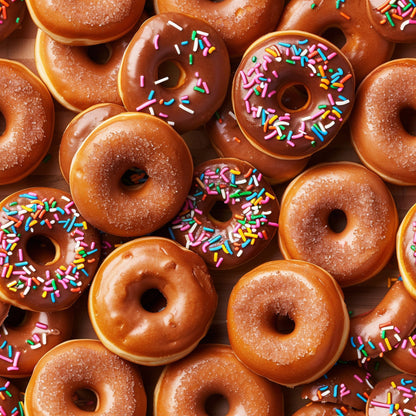 donuts, chocolate glaze, colorful sprinkles, junk food, sweet treats, brown tones, pink sprinkles, blue sprinkles, yellow sprinkles, green sprinkles, white sprinkles, food pattern, dessert theme, glazed donuts, rainbow sprinkles, quilting cotton, fabric panel, bakery treats, sugar coating, circular shapes