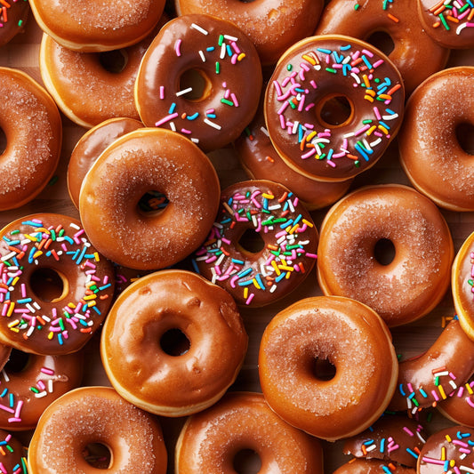 donuts, chocolate glaze, colorful sprinkles, junk food, sweet treats, brown tones, pink sprinkles, blue sprinkles, yellow sprinkles, green sprinkles, white sprinkles, food pattern, dessert theme, glazed donuts, rainbow sprinkles, quilting cotton, fabric panel, bakery treats, sugar coating, circular shapes