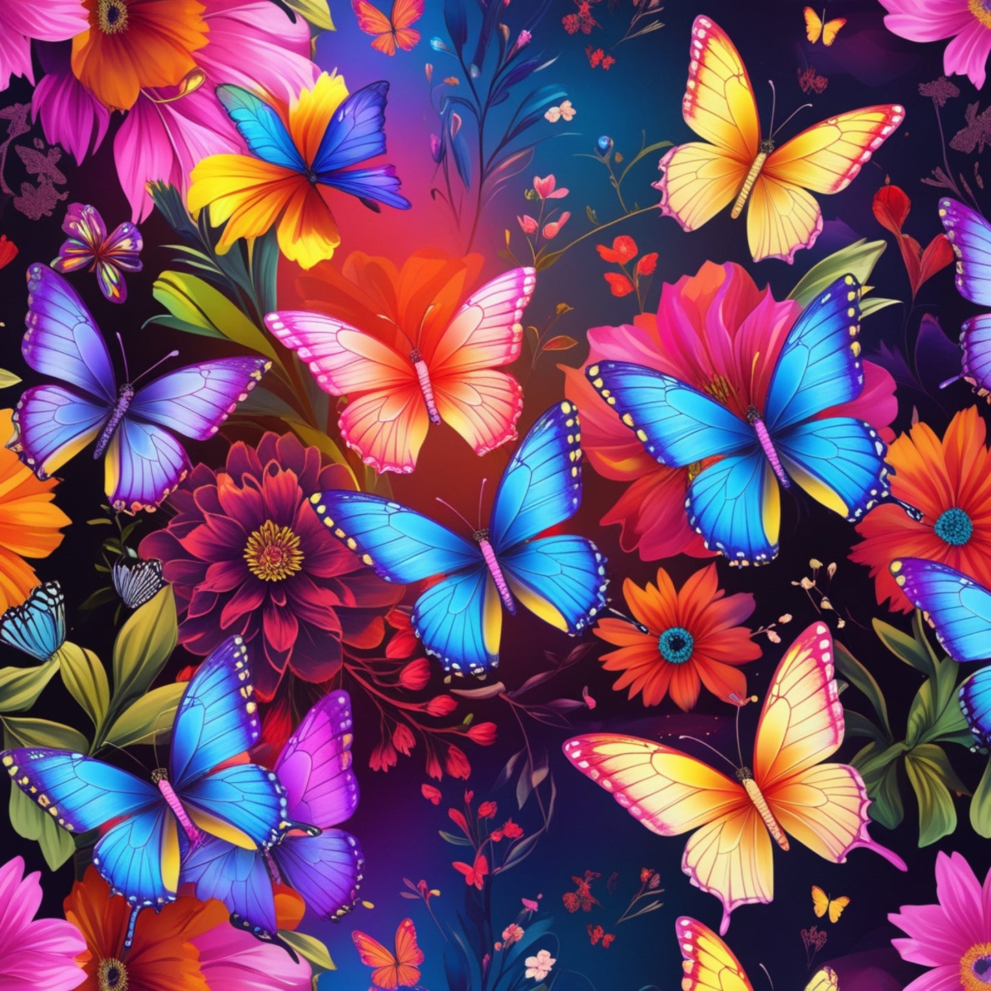 butterflies, floral, fantasy, vibrant colors, blue, purple, pink, orange, yellow, red, quilting cotton, fabric panel, tropical flowers, colorful wings, nature motif, bright blooms, whimsical design, garden theme, artistic illustration, rainbow colors