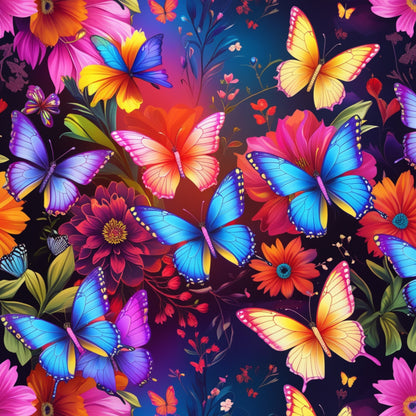 butterflies, floral, fantasy, vibrant colors, blue, purple, pink, orange, yellow, red, quilting cotton, fabric panel, tropical flowers, colorful wings, nature motif, bright blooms, whimsical design, garden theme, artistic illustration, rainbow colors