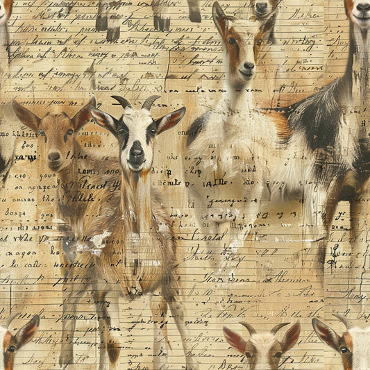 farm animals, goats, vintage manuscript, handwritten text, beige background, brown tones, cream colors, sepia palette, rustic style, quilting cotton, fabric panel, pastoral theme, livestock, antique writing, aged paper look, country living, barnyard animals, artistic overlay, farm life, nostalgic feel