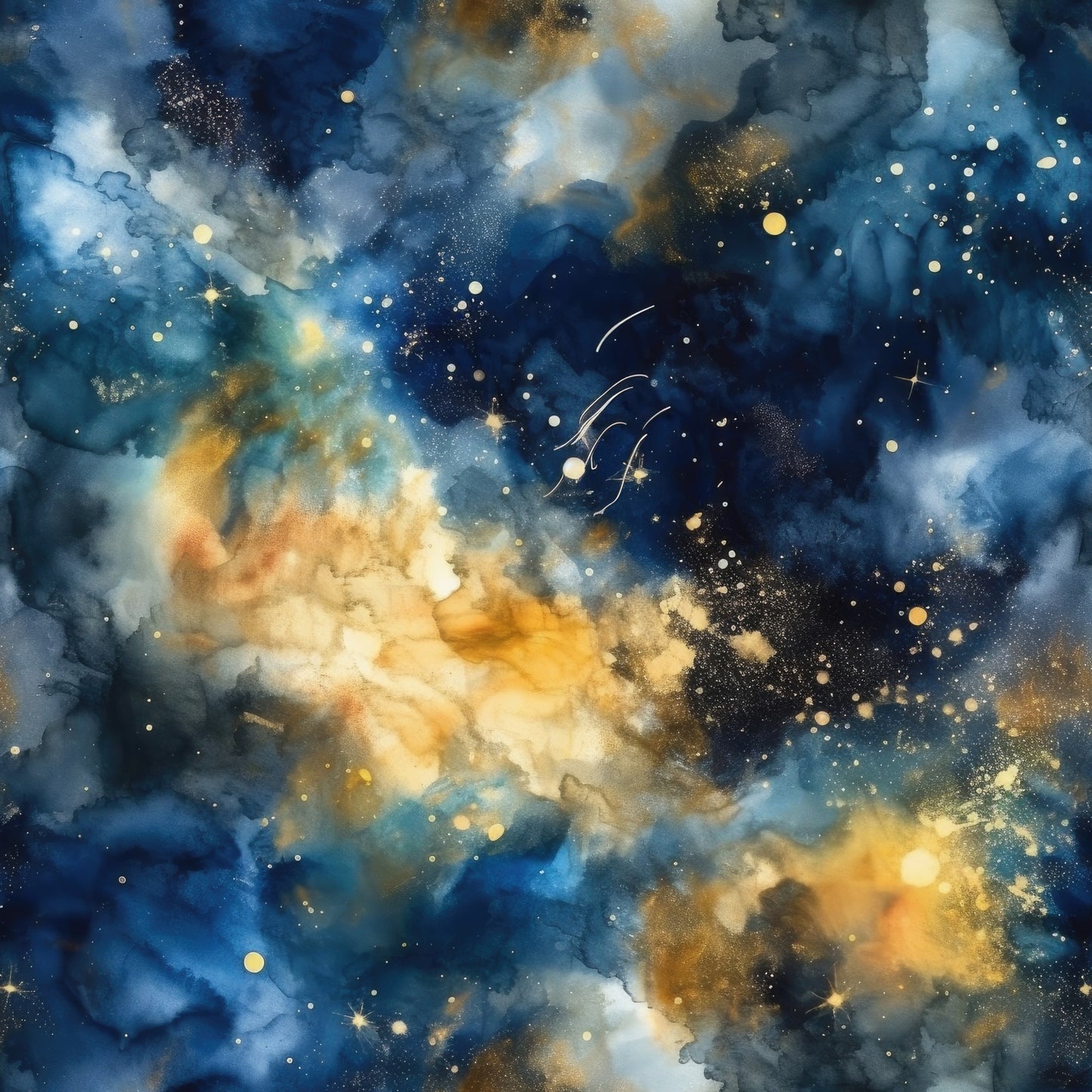 navy blue, deep blue, golden yellow, orange, white, cream, cosmic nebula, starry sky, celestial pattern, swirling clouds, space scene, galaxy design, astronomical theme, dreamy atmosphere, watercolor style, quilting cotton, fabric panel, night sky, stellar field, cosmic dust, ethereal mood