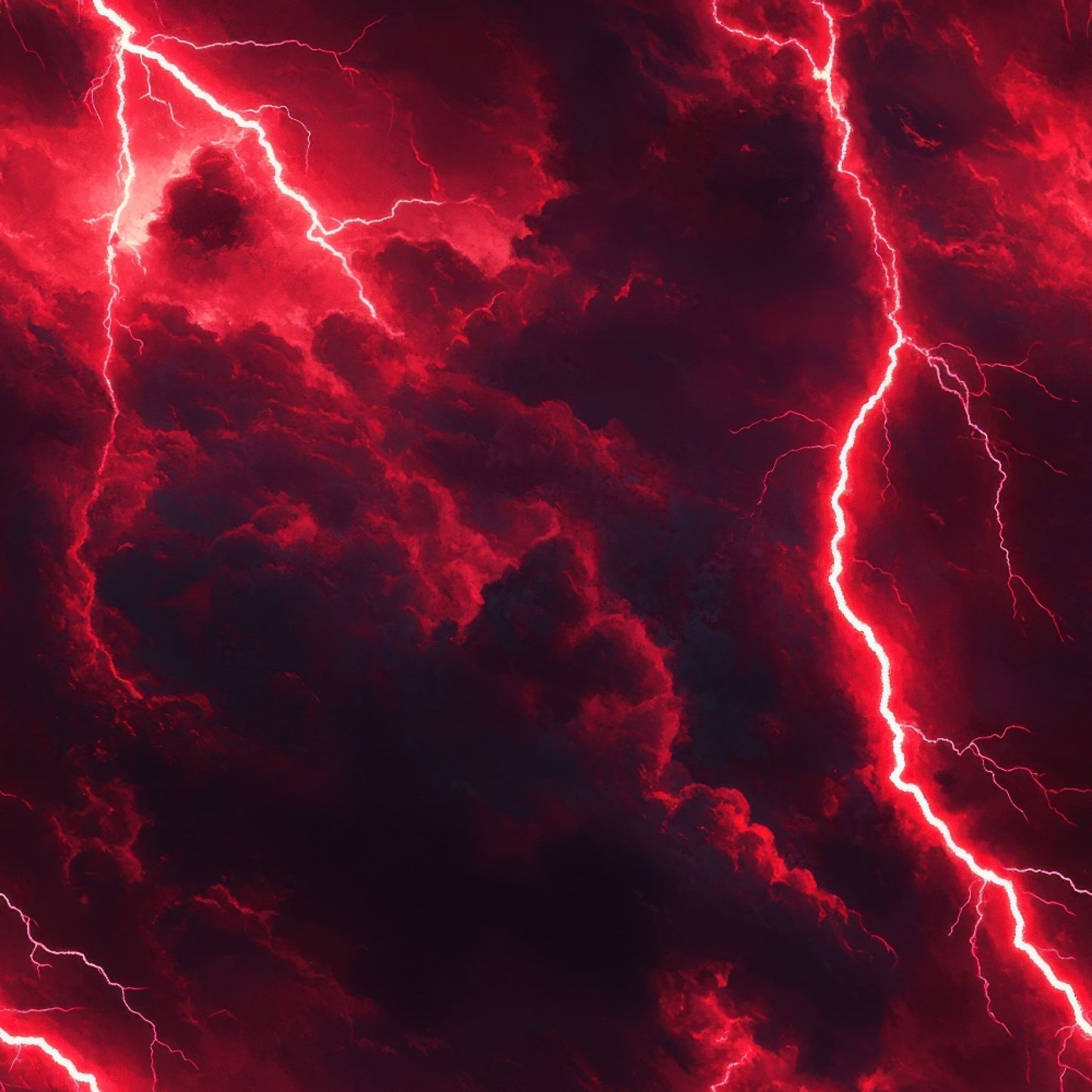 red, crimson, burgundy, lightning bolts, thunderstorm, storm clouds, dramatic sky, electric pattern, weather motif, quilting cotton, fabric panel, intense mood, stormy atmosphere, branching lightning, cloud formations, deep red tones, natural phenomenon, tempest design, electrical discharge, atmospheric scene