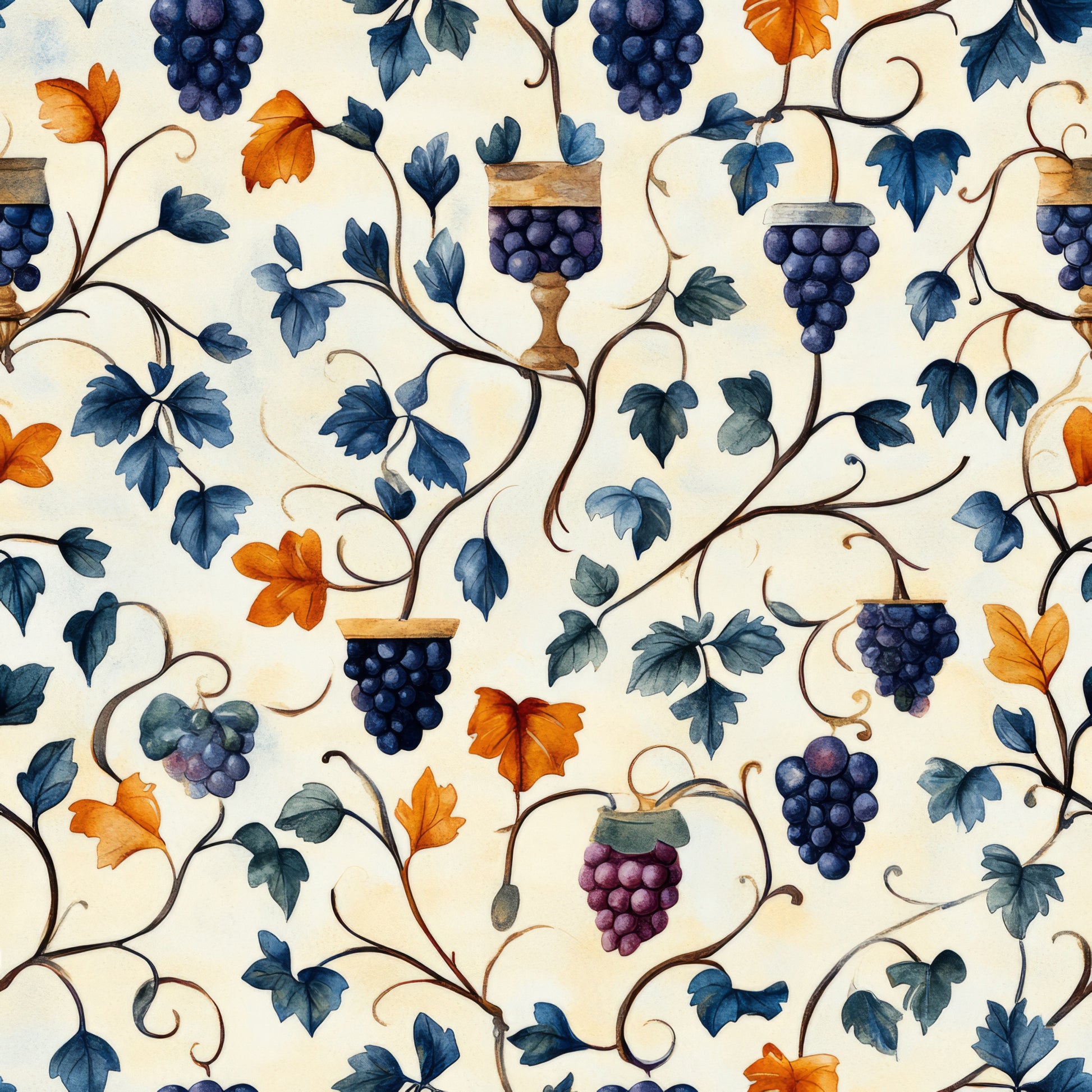 grape vines, purple grapes, wine goblets, orange leaves, blue leaves, autumn foliage, vineyard theme, botanical pattern, curving vines, quilting cotton, fabric panel, harvest season, wine theme, decorative chalices, flowing branches, nature motif, cream background, seasonal colors, organic design, fruit clusters