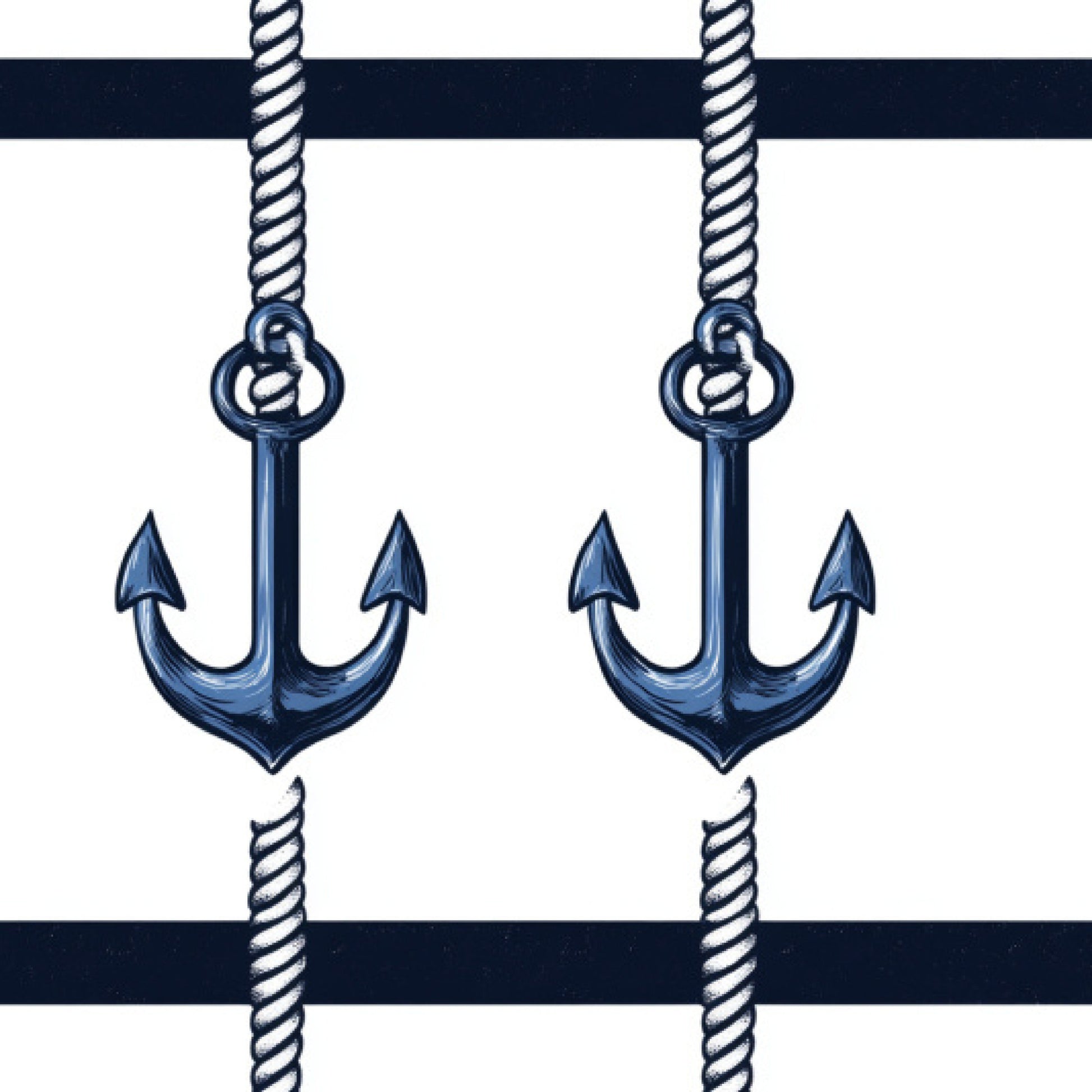 navy blue, white, anchors, nautical rope, maritime, sailing, ocean theme, striped pattern, quilting cotton, fabric panel, sea anchor, boat anchor, nautical stripes, marine design, coastal, sailor theme, rope texture, anchor motif, blue and white