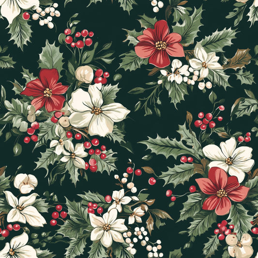 christmas floral, dark green background, red berries, white flowers, cream blossoms, holly leaves, botanical pattern, winter flora, festive motifs, quilting cotton, fabric panel, holiday theme, vintage style, repeating design, cranberries, poinsettia flowers, seasonal berries, christmas botanicals, forest green, burgundy accents