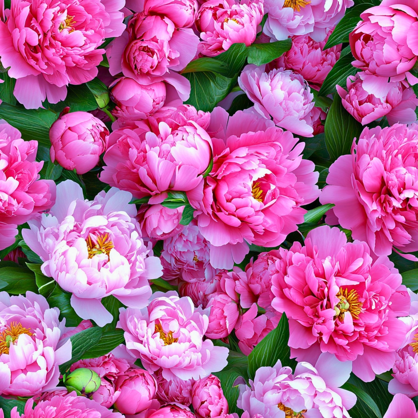 pink flowers, peonies, floral pattern, realistic blooms, fuchsia petals, magenta blossoms, green leaves, botanical design, quilting cotton, fabric panel, layered petals, yellow stamens, garden flowers, spring motif, dense floral, soft pink, bright pink, natural arrangement, flower photography style, cotton fabric