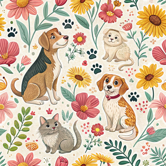 dogs, cats, pets, floral pattern, pink flowers, yellow sunflowers, paw prints, beige background, coral blooms, green leaves, quilting cotton, fabric panel, cute animals, botanical design, spring colors, whimsical illustration, pet lovers, crafting fabric, sewing material, cheerful mood