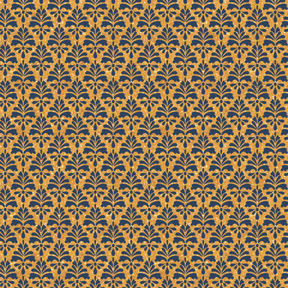 navy blue, gold, metallic gold, floral motifs, damask pattern, ornate design, repeating pattern, botanical elements, decorative flourishes, quilting cotton, fabric panel, elegant pattern, luxurious, formal design, symmetrical motifs, leaf patterns, vintage style, rich colors, celebration theme