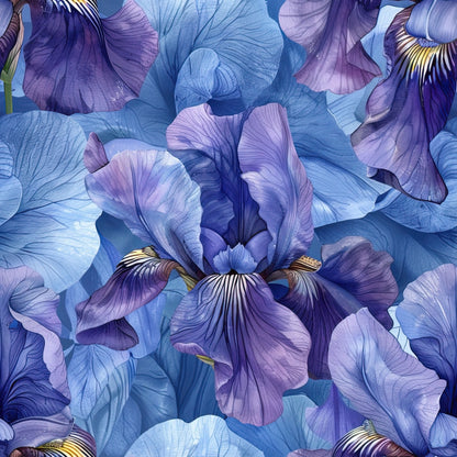 purple iris, blue petals, floral pattern, botanical design, layered blooms, quilting cotton, fabric panel, nature motif, garden flowers, periwinkle blue, lavender purple, realistic florals, overlapping petals, spring flowers, detailed veining, soft pastels, decorative fabric, sewing material, craft supplies