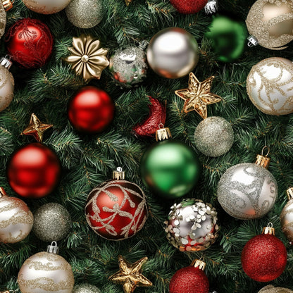 christmas ornaments, red baubles, green baubles, gold baubles, silver baubles, evergreen branches, star decorations, quilting cotton, fabric panel, holiday pattern, festive design, metallic accents, glittery ornaments, pine needles, christmas balls, seasonal fabric, winter theme, ornament collection, holiday crafting, realistic pattern