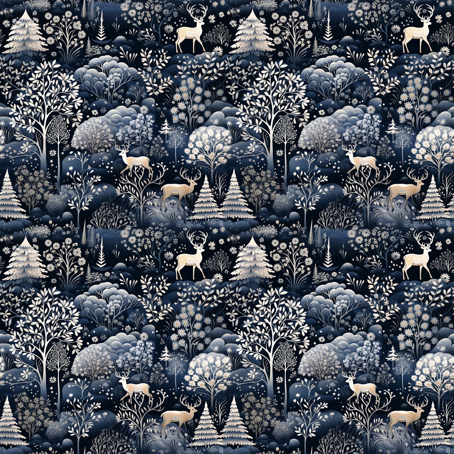 delft blue, navy blue, cream, white, winter forest, deer, stags, evergreen trees, snowflakes, botanical motifs, folk art style, repeating pattern, quilting cotton, fabric panel, woodland scene, winter theme, silhouettes, nature design, monochromatic, scandinavian style