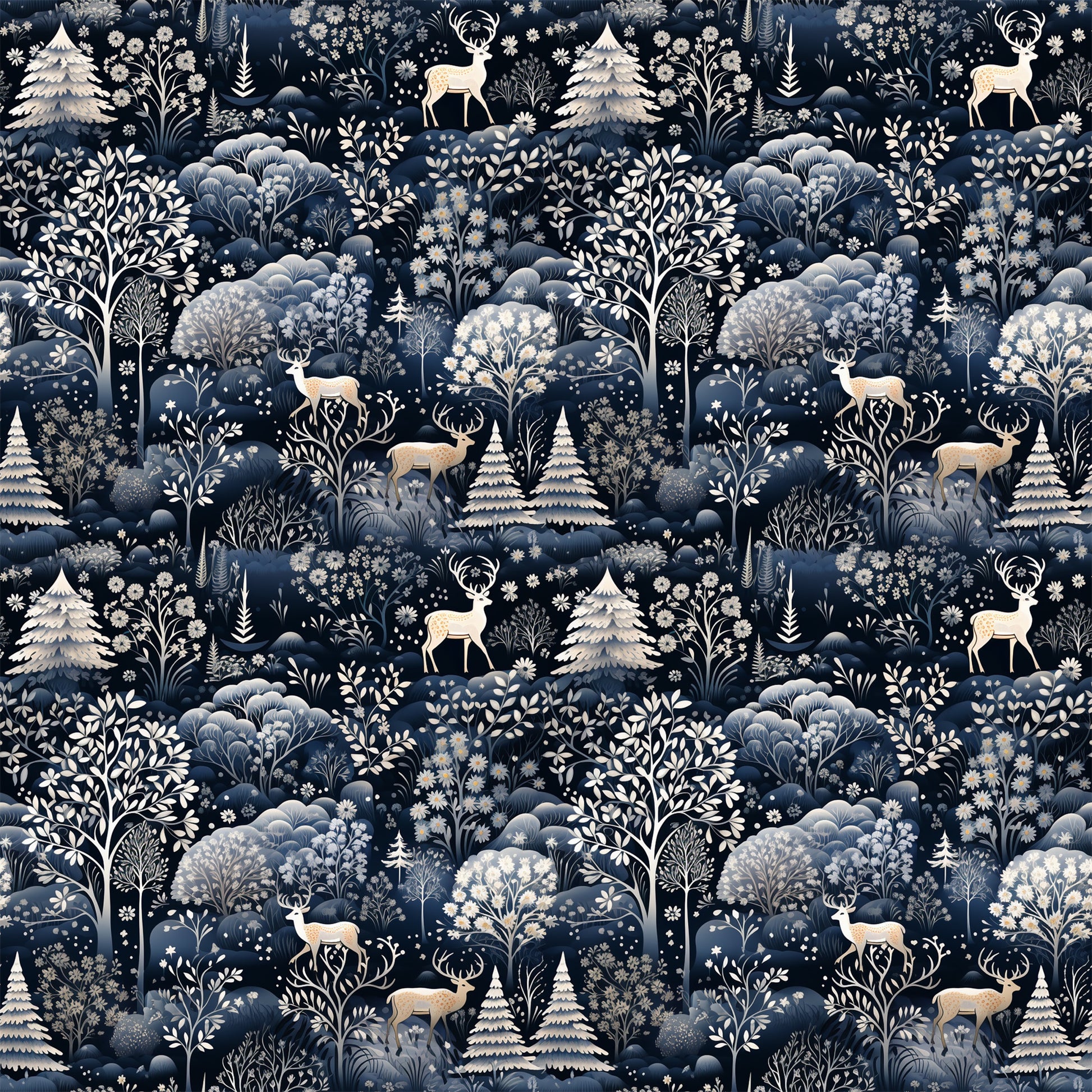delft blue, navy blue, cream, white, winter forest, deer, stags, evergreen trees, snowflakes, botanical motifs, folk art style, repeating pattern, quilting cotton, fabric panel, woodland scene, winter theme, silhouettes, nature design, monochromatic, scandinavian style