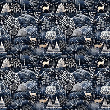delft blue, navy blue, cream, white, winter forest, deer, stags, evergreen trees, snowflakes, botanical motifs, folk art style, repeating pattern, quilting cotton, fabric panel, woodland scene, winter theme, silhouettes, nature design, monochromatic, scandinavian style