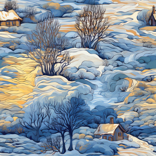 winter landscape, snow covered hills, bare trees, rustic cabins, dawn lighting, golden yellow, sky blue, cream white, flowing contours, quilting cotton, fabric panel, serene countryside, rolling terrain, winter scene, peaceful mood, soft shadows, natural elements, cottage homes, windswept snow, artistic illustration
