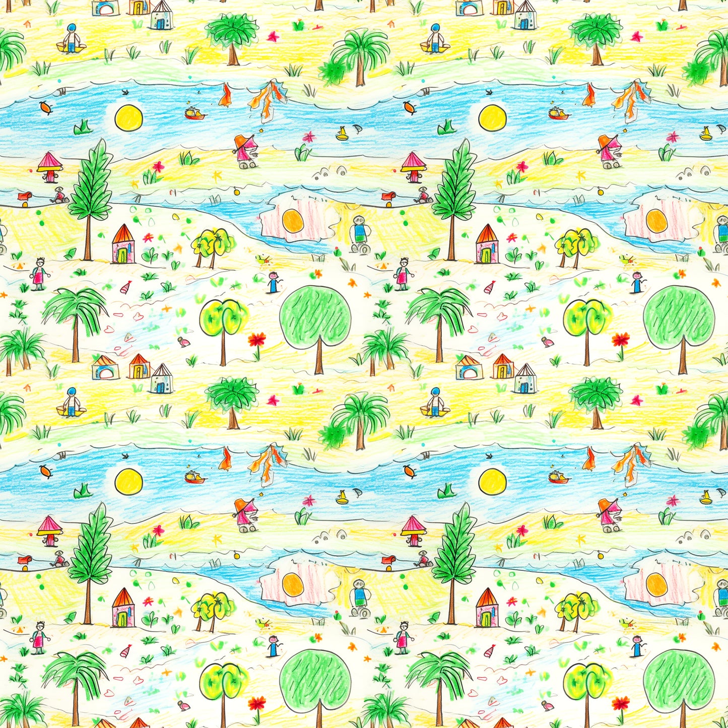 yellow, blue, green, red, orange, child's drawing, crayon art, beach scene, palm trees, ocean waves, sailboats, houses, stick figures, whimsical, playful, naive art style, repeating pattern, quilting cotton, fabric panel, tropical theme, summer vibes, children's artwork