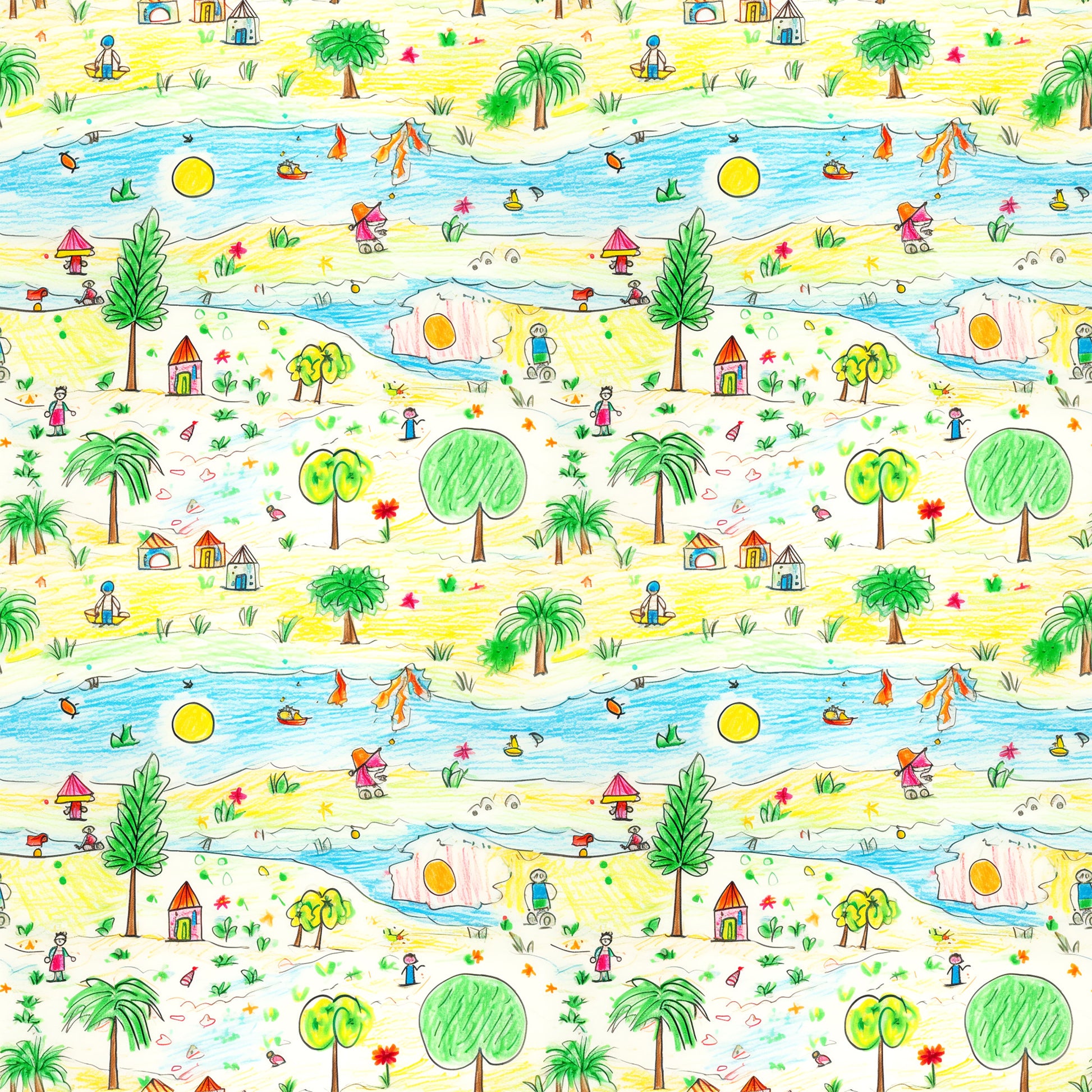 yellow, blue, green, red, orange, child's drawing, crayon art, beach scene, palm trees, ocean waves, sailboats, houses, stick figures, whimsical, playful, naive art style, repeating pattern, quilting cotton, fabric panel, tropical theme, summer vibes, children's artwork
