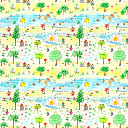 yellow, blue, green, red, orange, child's drawing, crayon art, beach scene, palm trees, ocean waves, sailboats, houses, stick figures, whimsical, playful, naive art style, repeating pattern, quilting cotton, fabric panel, tropical theme, summer vibes, children's artwork