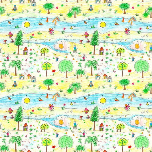 yellow, blue, green, red, orange, child's drawing, crayon art, beach scene, palm trees, ocean waves, sailboats, houses, stick figures, whimsical, playful, naive art style, repeating pattern, quilting cotton, fabric panel, tropical theme, summer vibes, children's artwork