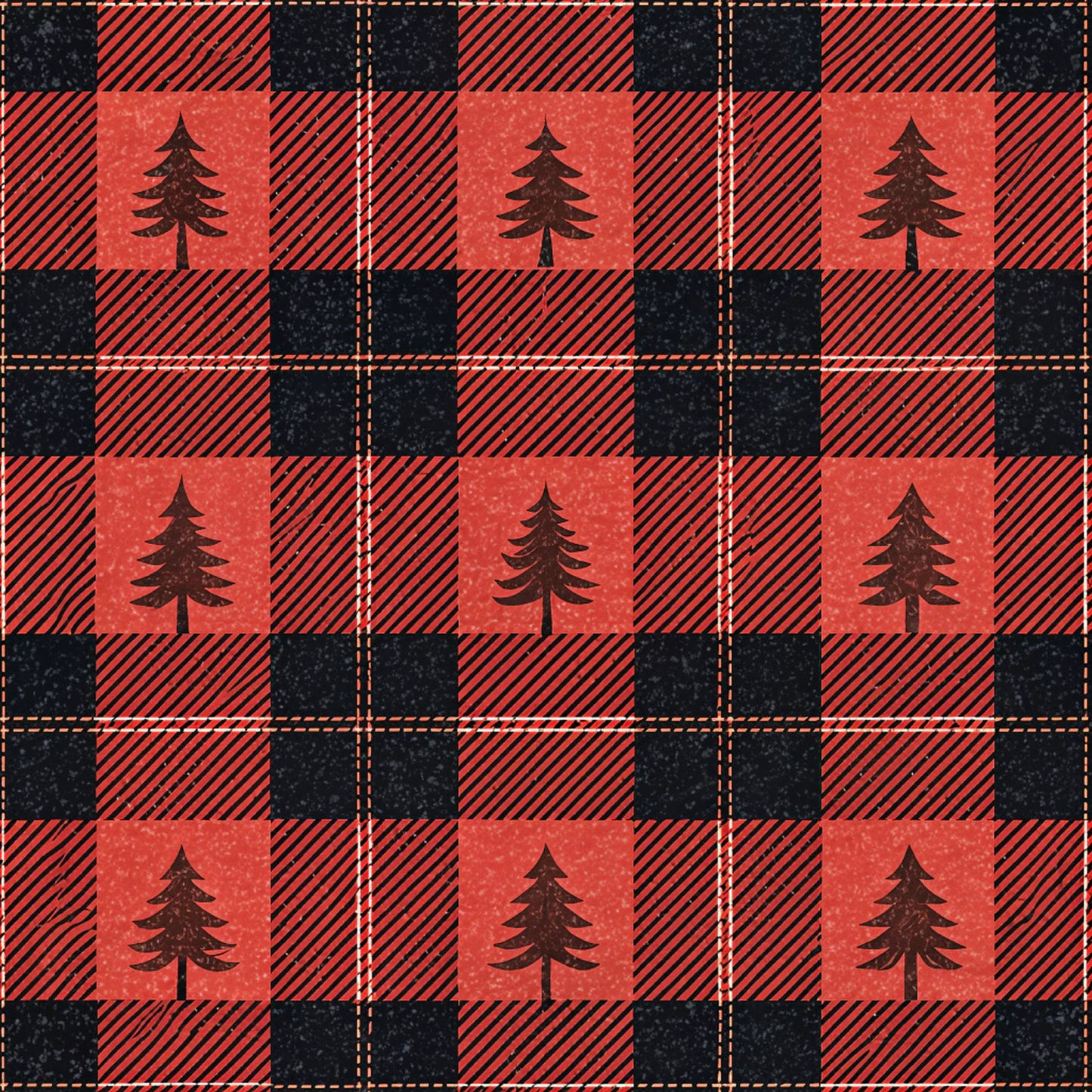red, black, buffalo plaid, checkered pattern, pine trees, evergreen trees, quilting cotton, fabric panel, rustic, woodland, outdoor theme, lumberjack style, plaid squares, forest motif, camping theme, diagonal stripes, country style, nature design, winter trees, cabin decor