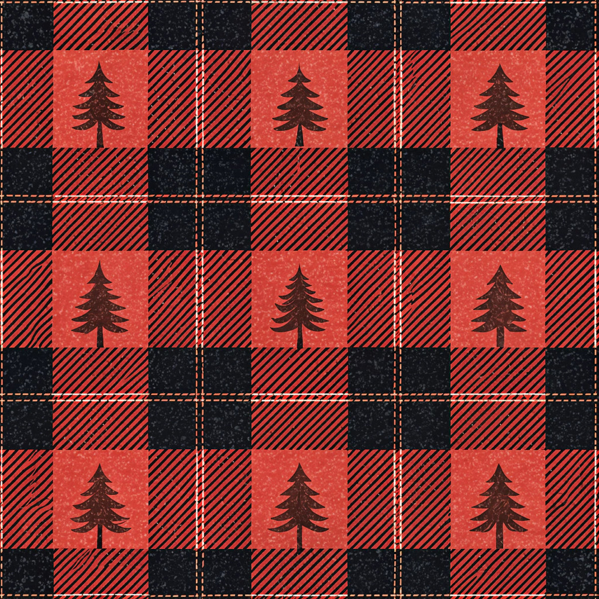 red, black, buffalo plaid, checkered pattern, pine trees, evergreen trees, quilting cotton, fabric panel, rustic, woodland, outdoor theme, lumberjack style, plaid squares, forest motif, camping theme, diagonal stripes, country style, nature design, winter trees, cabin decor