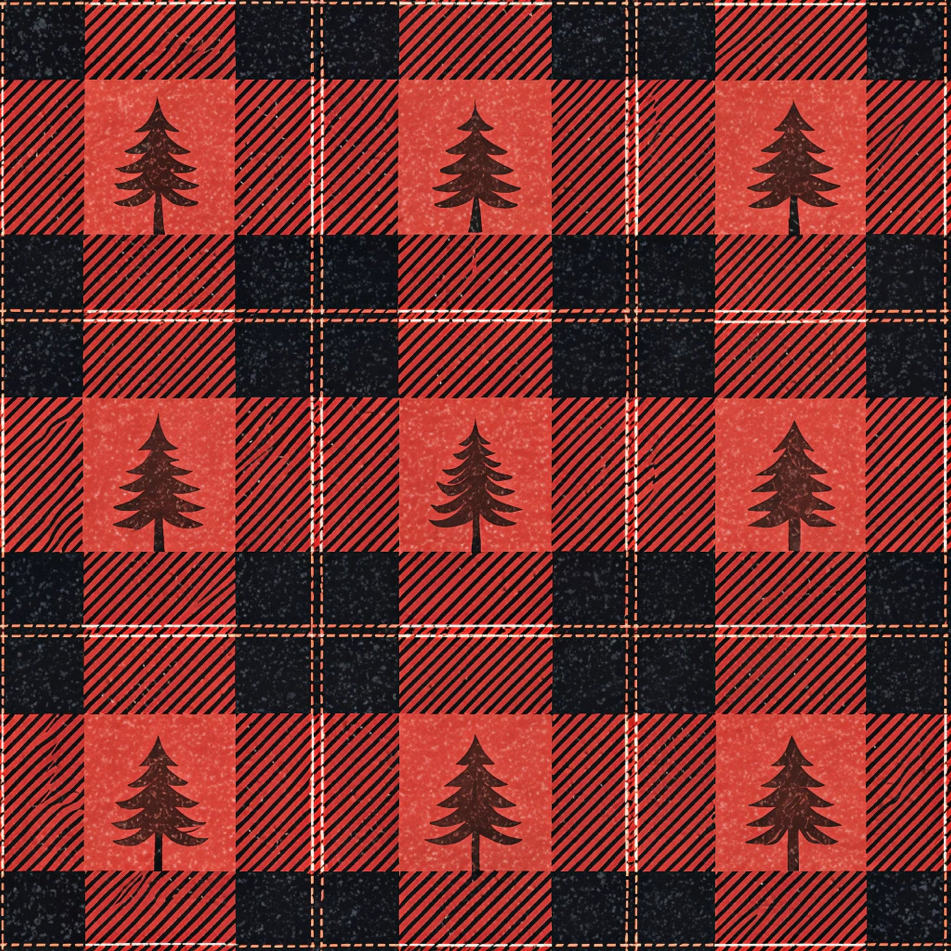 red, black, buffalo plaid, checkered pattern, pine trees, evergreen trees, quilting cotton, fabric panel, rustic, woodland, outdoor theme, lumberjack style, plaid squares, forest motif, camping theme, diagonal stripes, country style, nature design, winter trees, cabin decor