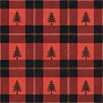 red, black, buffalo plaid, checkered pattern, pine trees, evergreen trees, quilting cotton, fabric panel, rustic, woodland, outdoor theme, lumberjack style, plaid squares, forest motif, camping theme, diagonal stripes, country style, nature design, winter trees, cabin decor