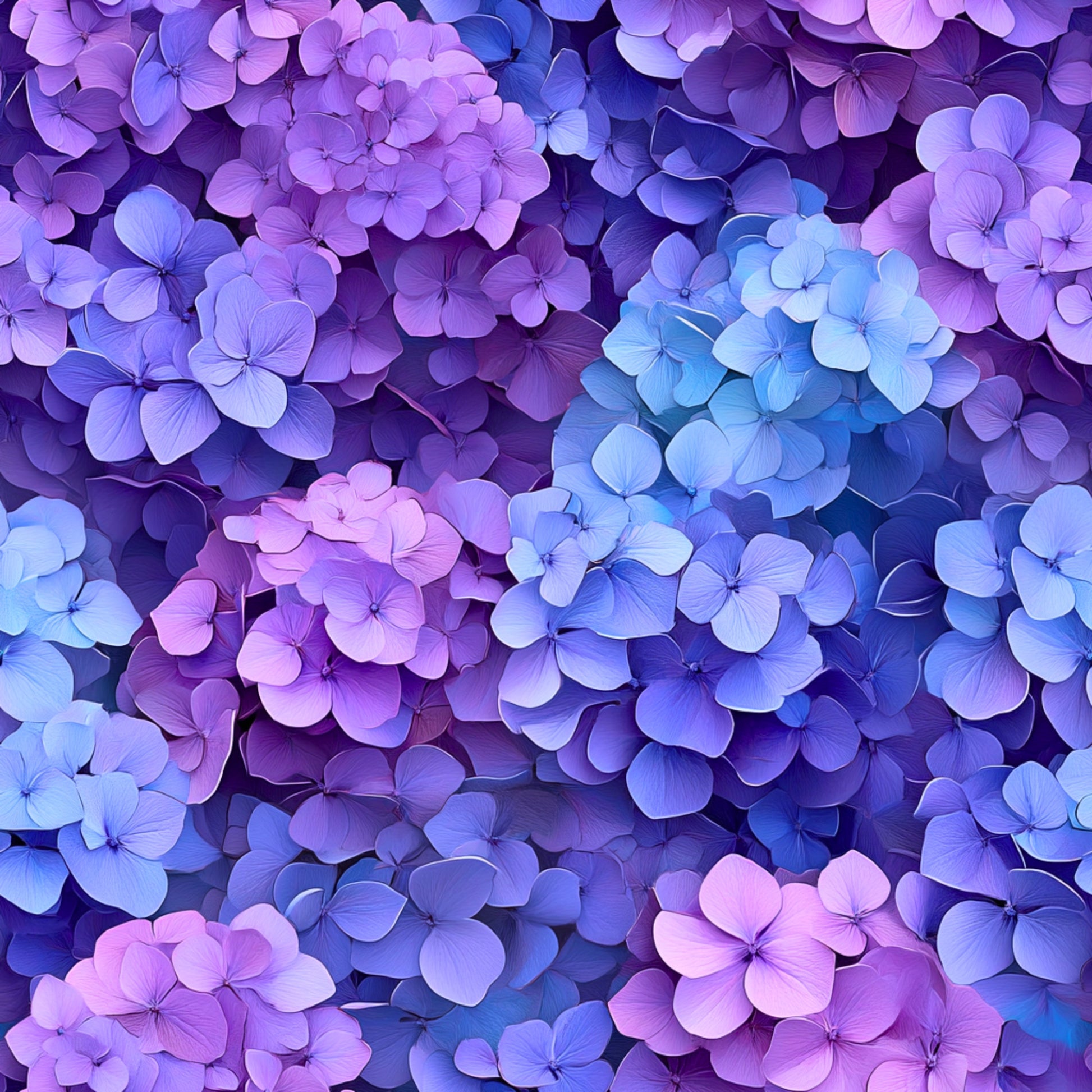 purple flowers, blue flowers, hydrangeas, floral pattern, realistic flowers, botanical design, purple hues, blue tones, lavender shades, clustered blooms, nature motif, quilting cotton, fabric panel, garden flowers, soft petals, detailed florals, spring blooms, feminine design, crafting fabric, sewing material