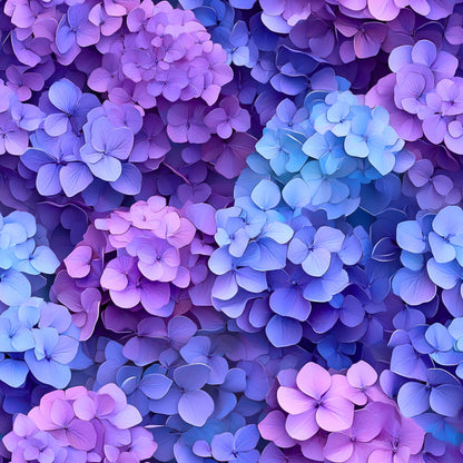 purple flowers, blue flowers, hydrangeas, floral pattern, realistic flowers, botanical design, purple hues, blue tones, lavender shades, clustered blooms, nature motif, quilting cotton, fabric panel, garden flowers, soft petals, detailed florals, spring blooms, feminine design, crafting fabric, sewing material